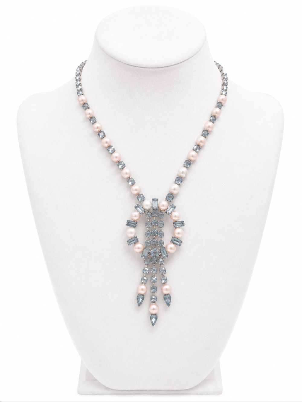 Vintage-Inspired Blue Rhinestone & Faux Pearl Statement Drop Necklace